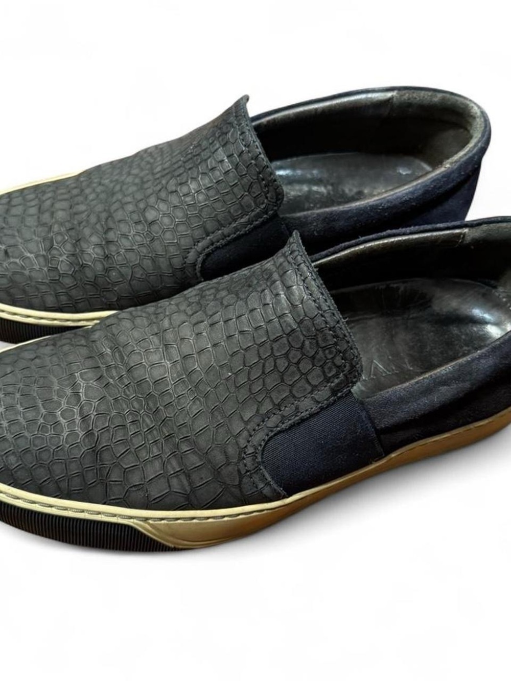Lanvin Black Leather Suede Slip-On Sneakers